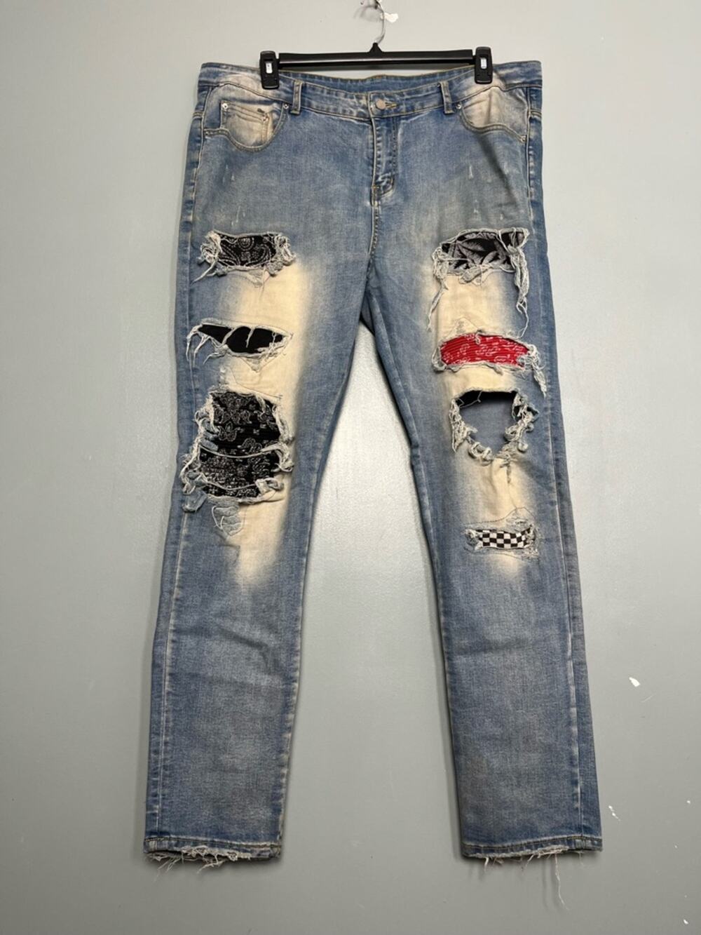 AMIRI Men’s Light Blue Denim Jeans with Distressing Patchwork Bandana Size 40